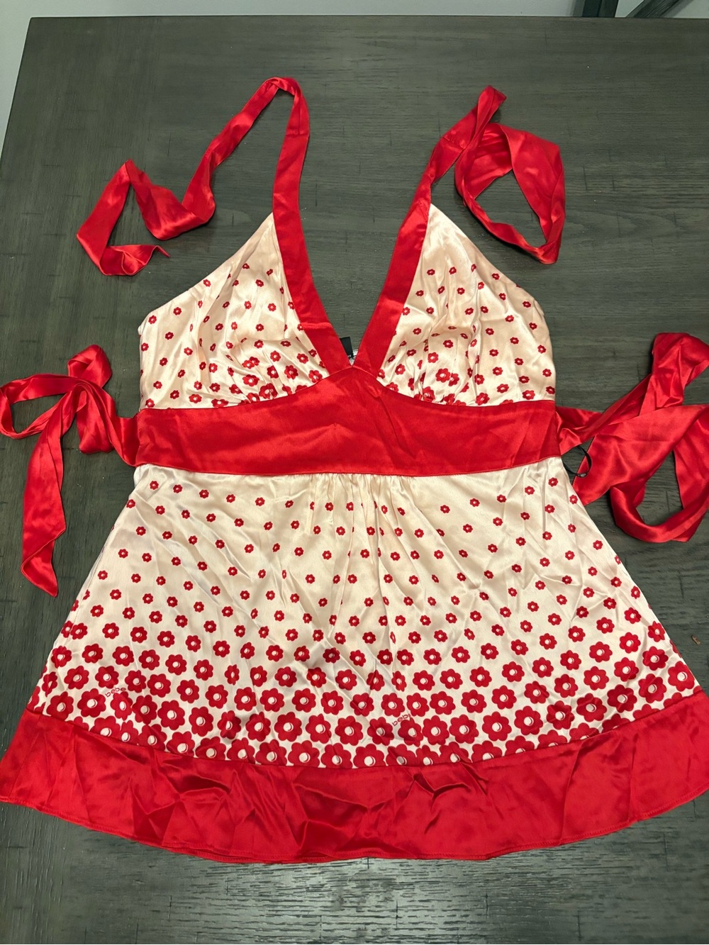bebe Red and Cream Floral Satin Halter Chemise